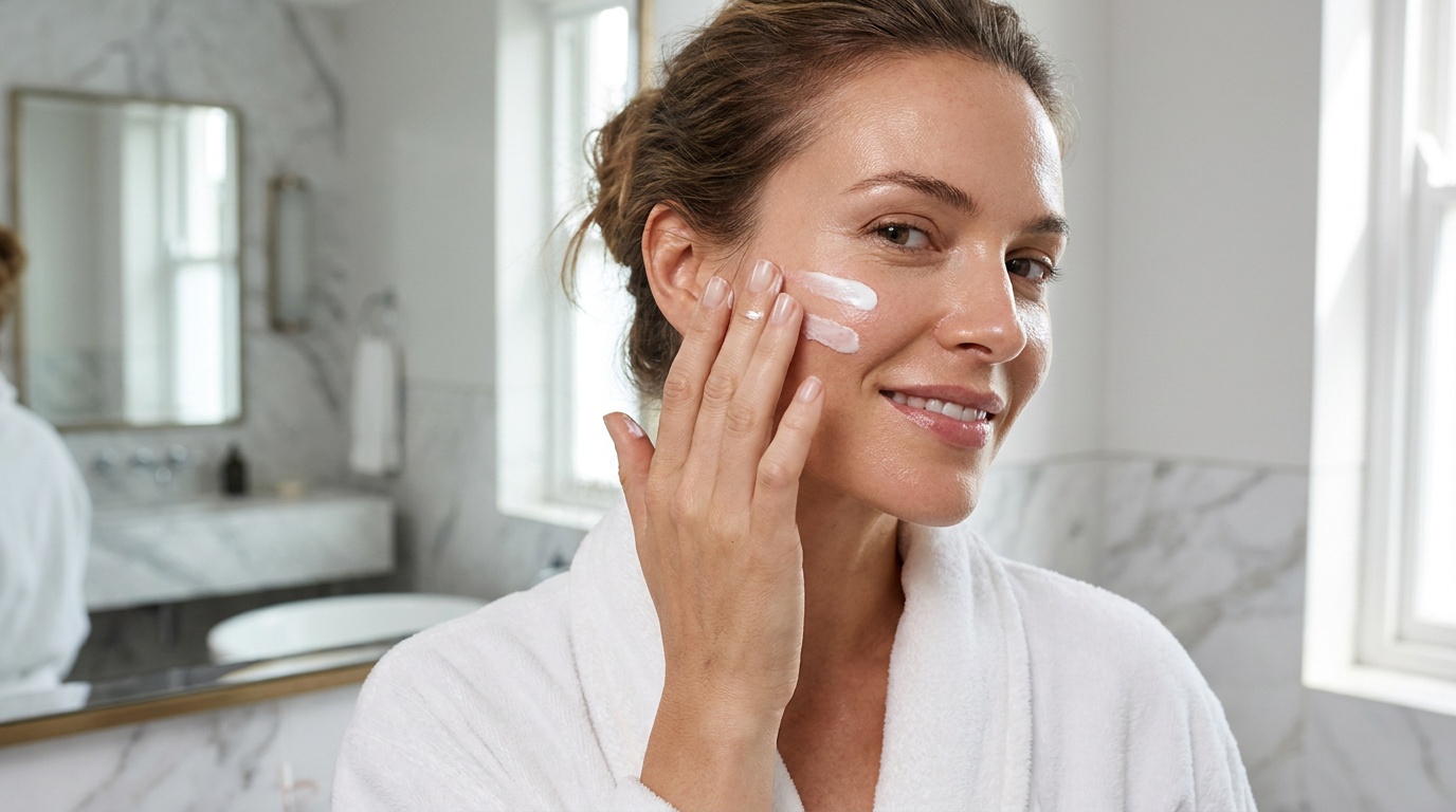 Beautiful woman applying facial sunscreen with the two-finger method