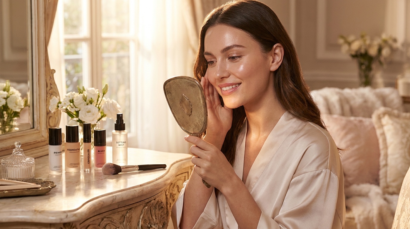 Beautiful woman checking her finished makeup in a mirror after skincare