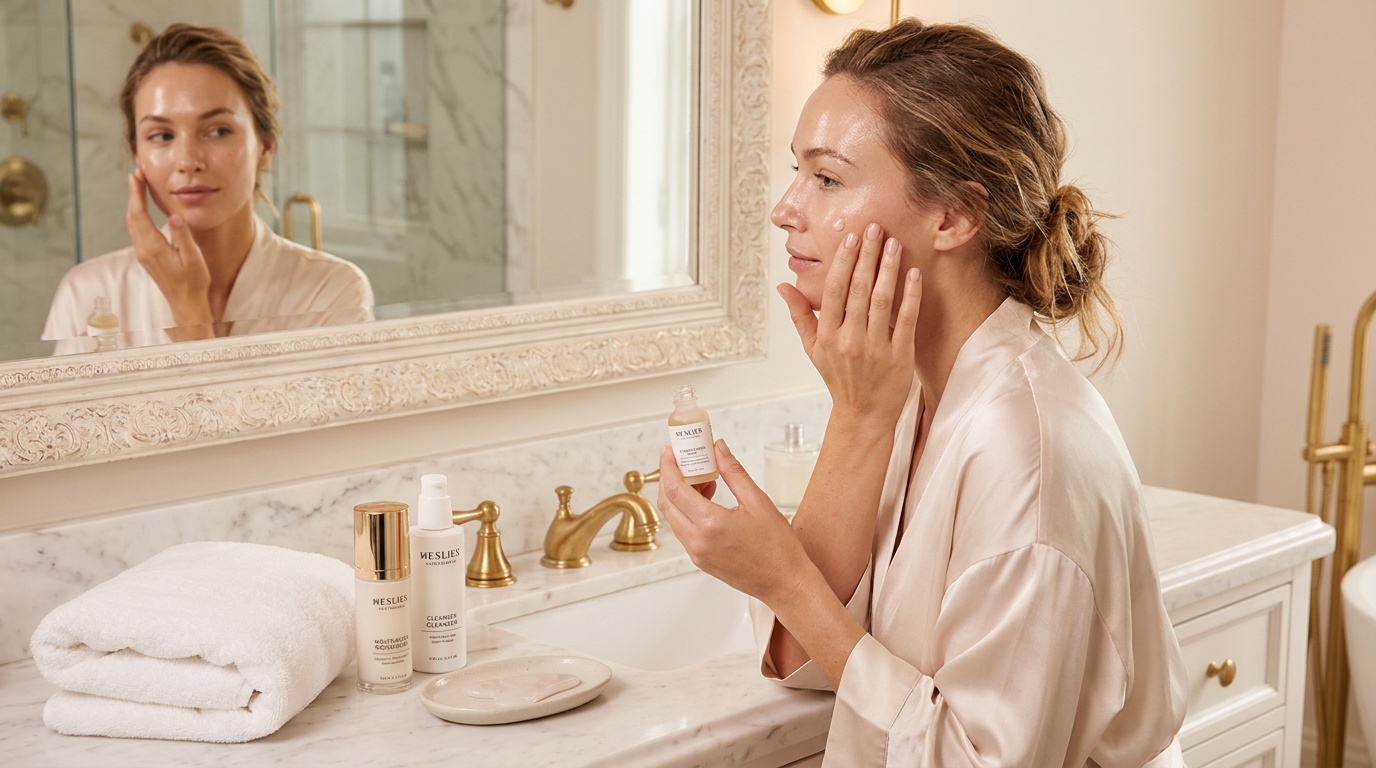 Woman applying a small amount of retinol serum in a bright bathroom