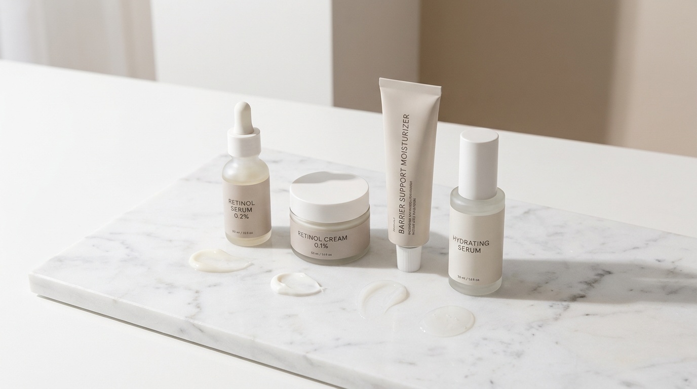 Flatlay of beginner retinol products with moisturizer and serum textures
