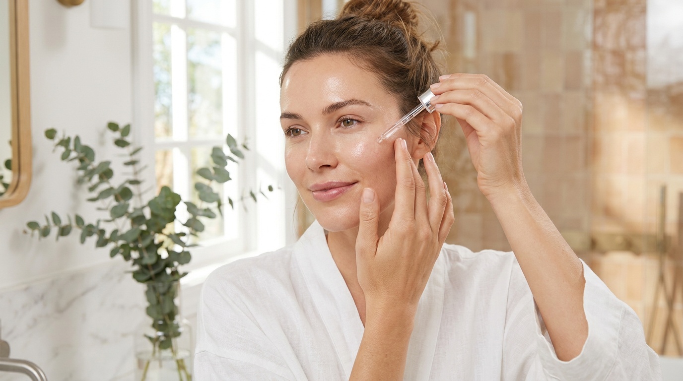 Woman with glowing skin applying serum in a bright bathroom