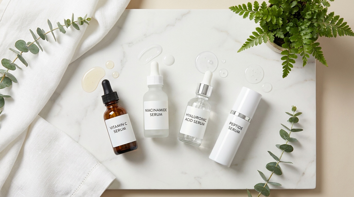 Flatlay of vitamin C, niacinamide, hyaluronic acid, and peptide serums with texture swatches