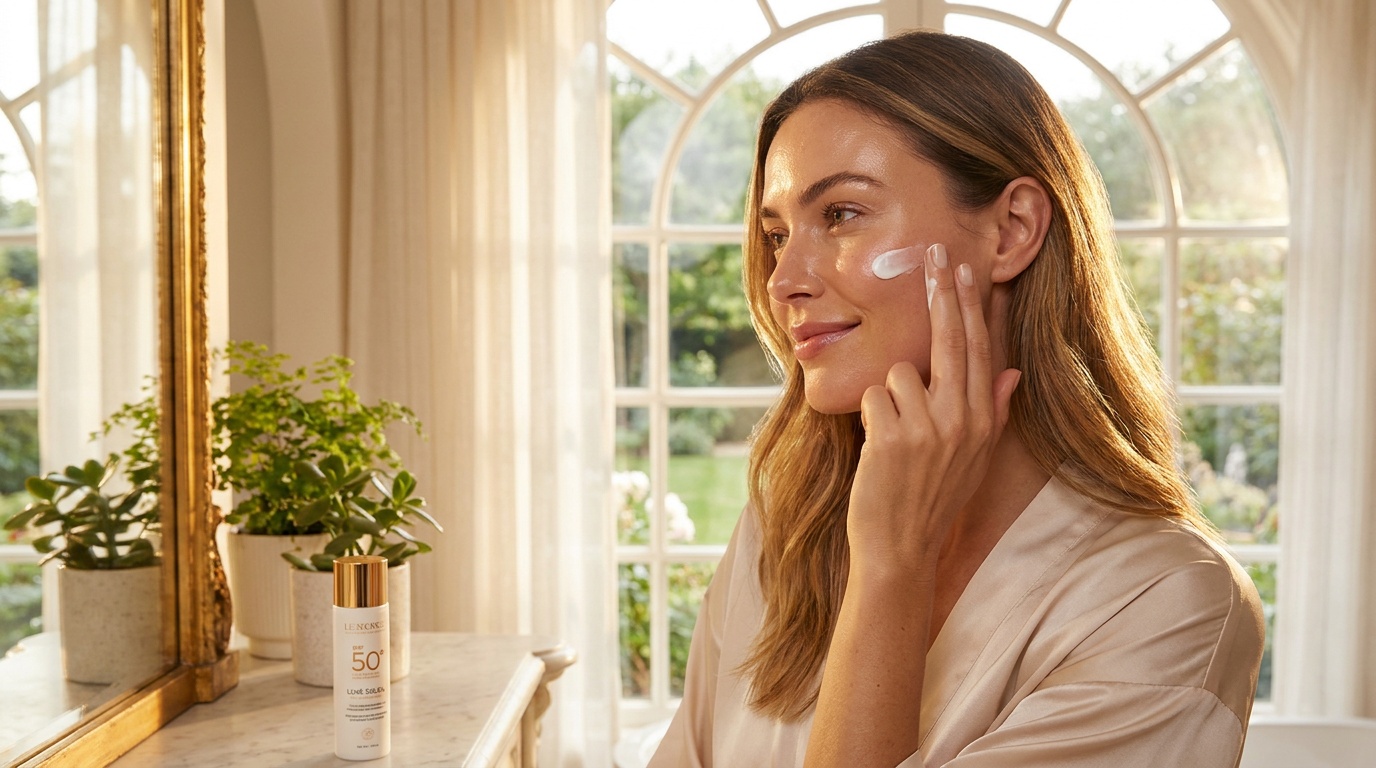 Woman with glowing skin applying sunscreen using the two-finger method