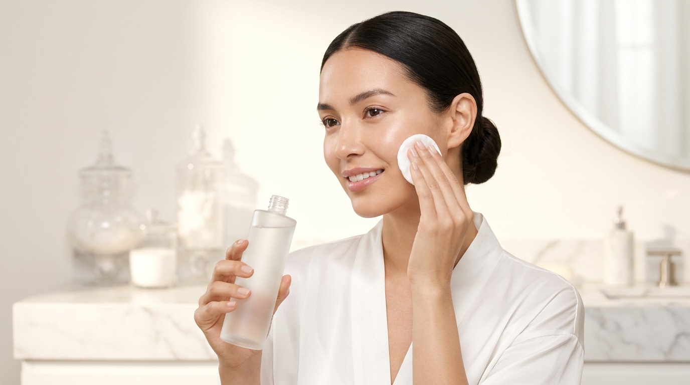 Woman applying toner or essence during a Korean skincare routine