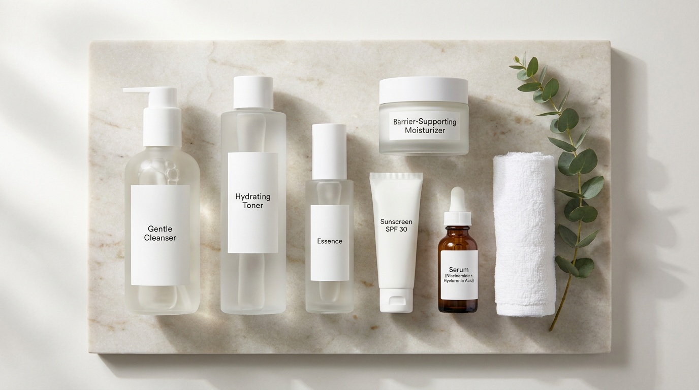 Flatlay of beginner Korean skincare products including cleanser, toner, moisturizer, sunscreen, and serum