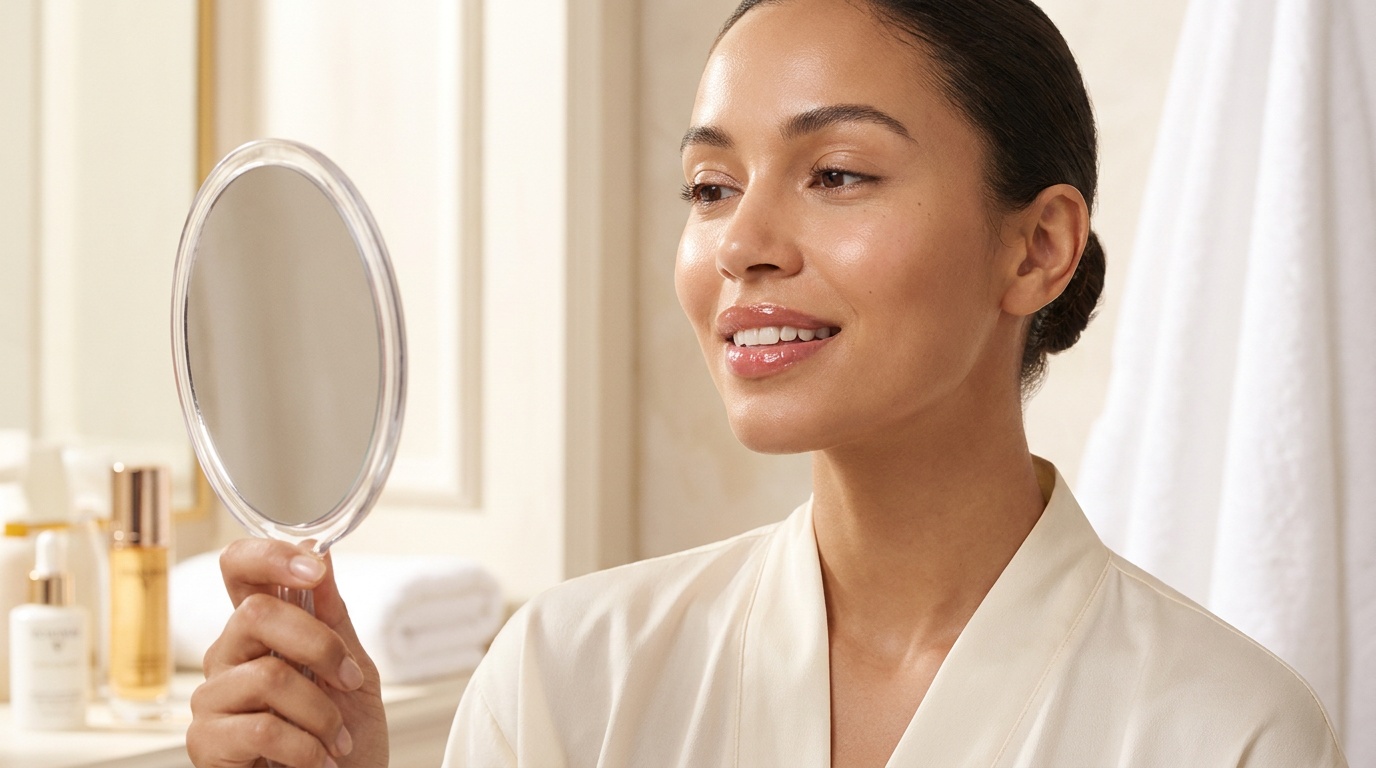 Close-up of a woman admiring her smooth glowing skin in a mirror