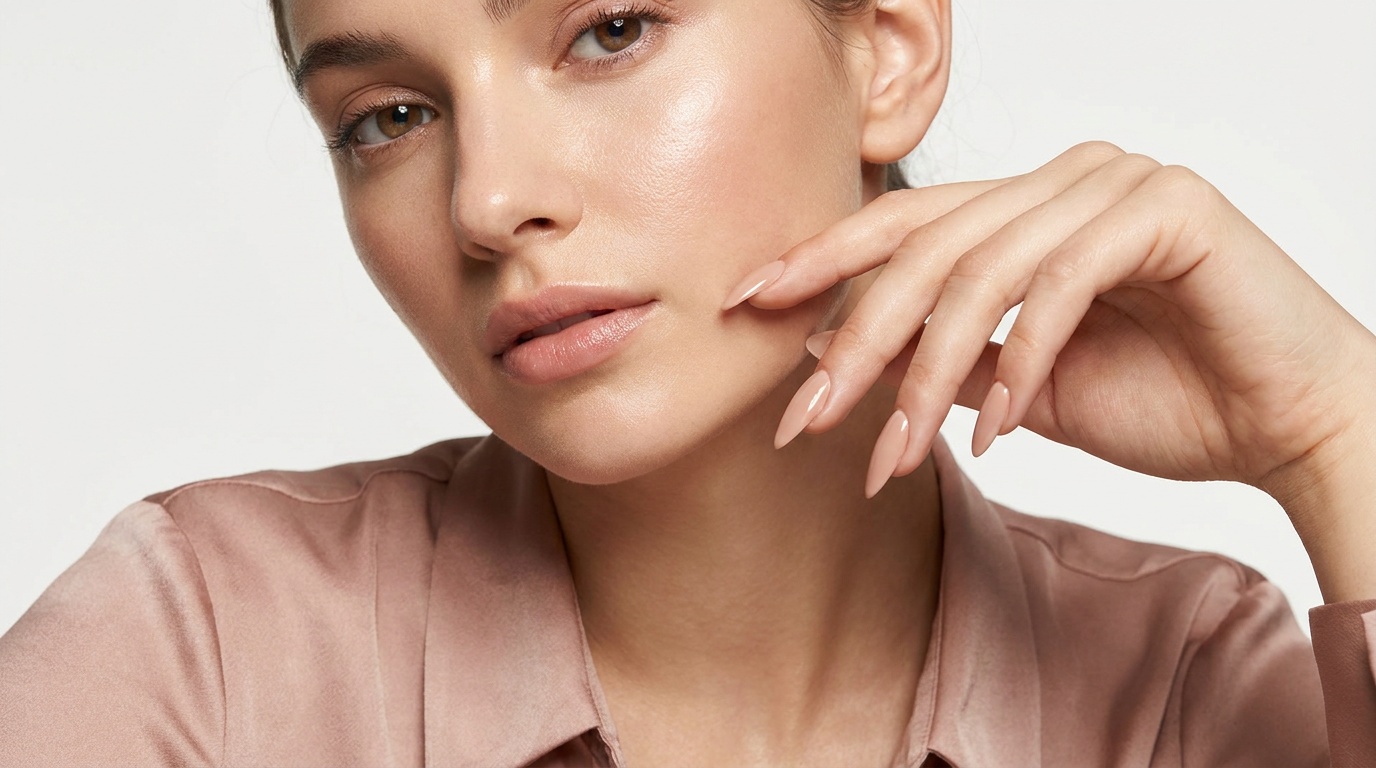 Close-up of a woman with glowing skin showing almond and oval nails