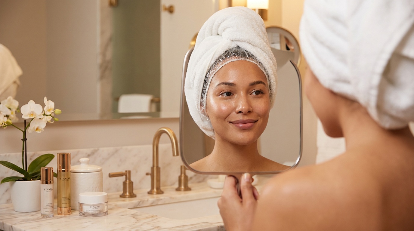 Close-up of a woman with glowing skin using a shower cap and checking her hair mask treatment in the mirror