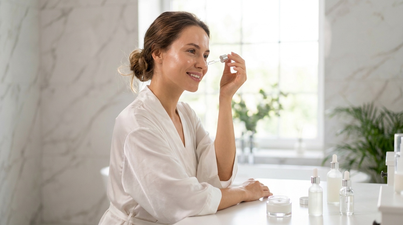 Beautiful woman with glowing skin applying serum in a bright bathroom