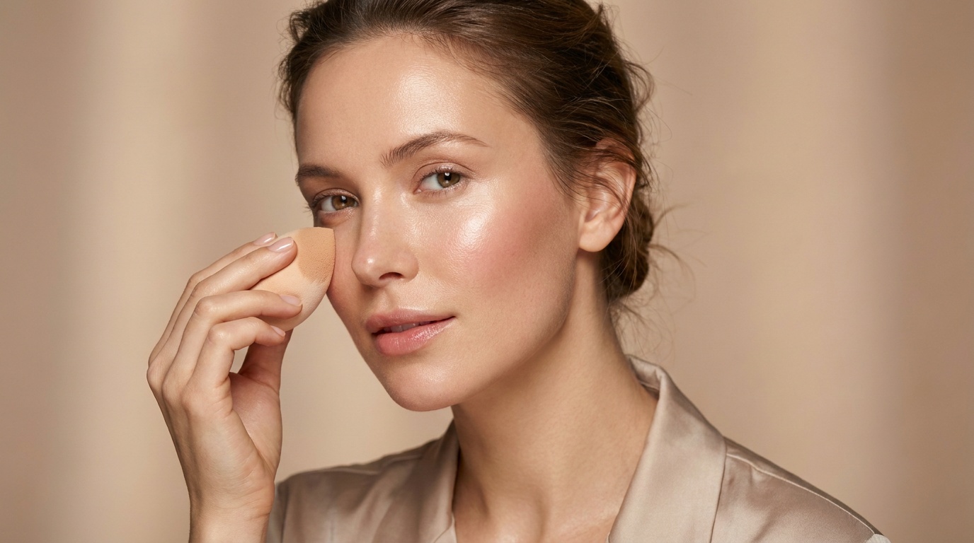 Woman blending foundation for a radiant soft glam base