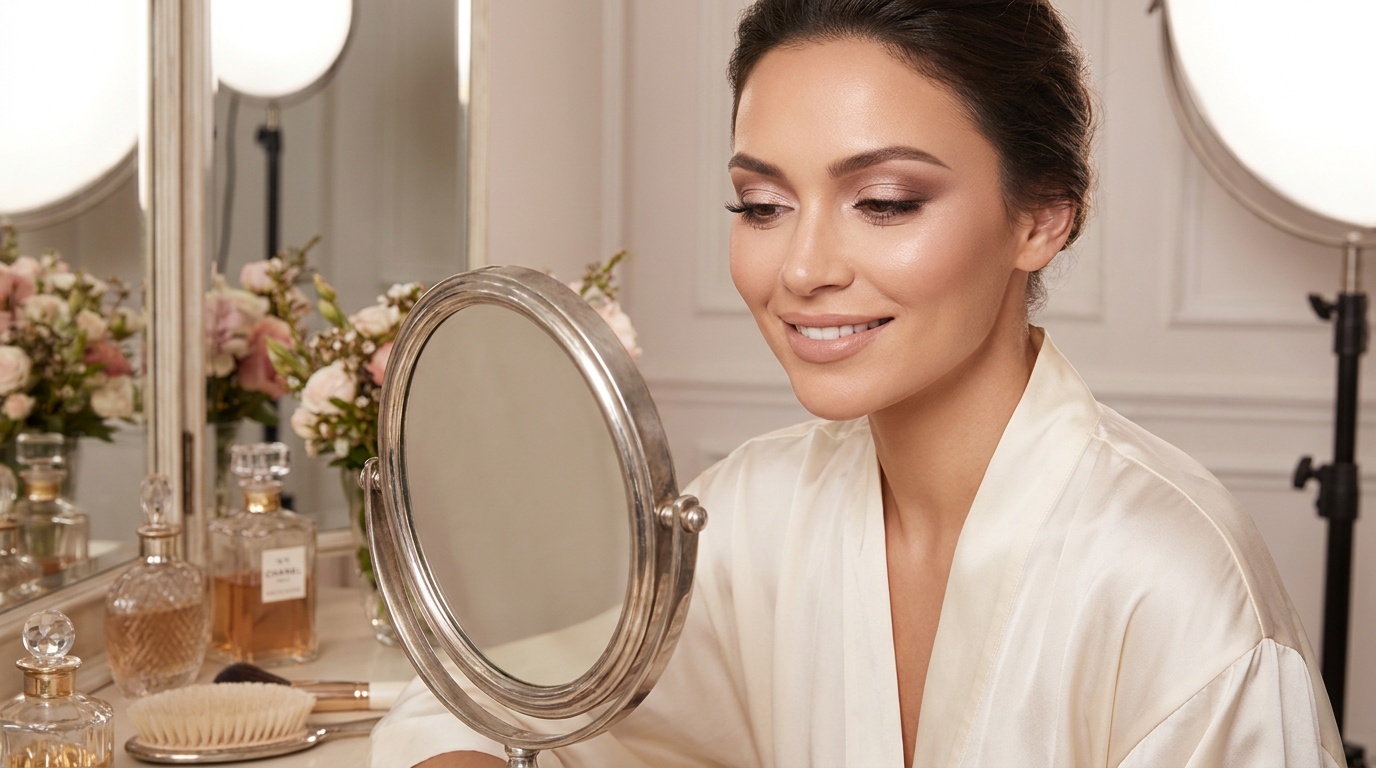 Woman wearing softly blended soft glam eyeshadow and wispy lashes