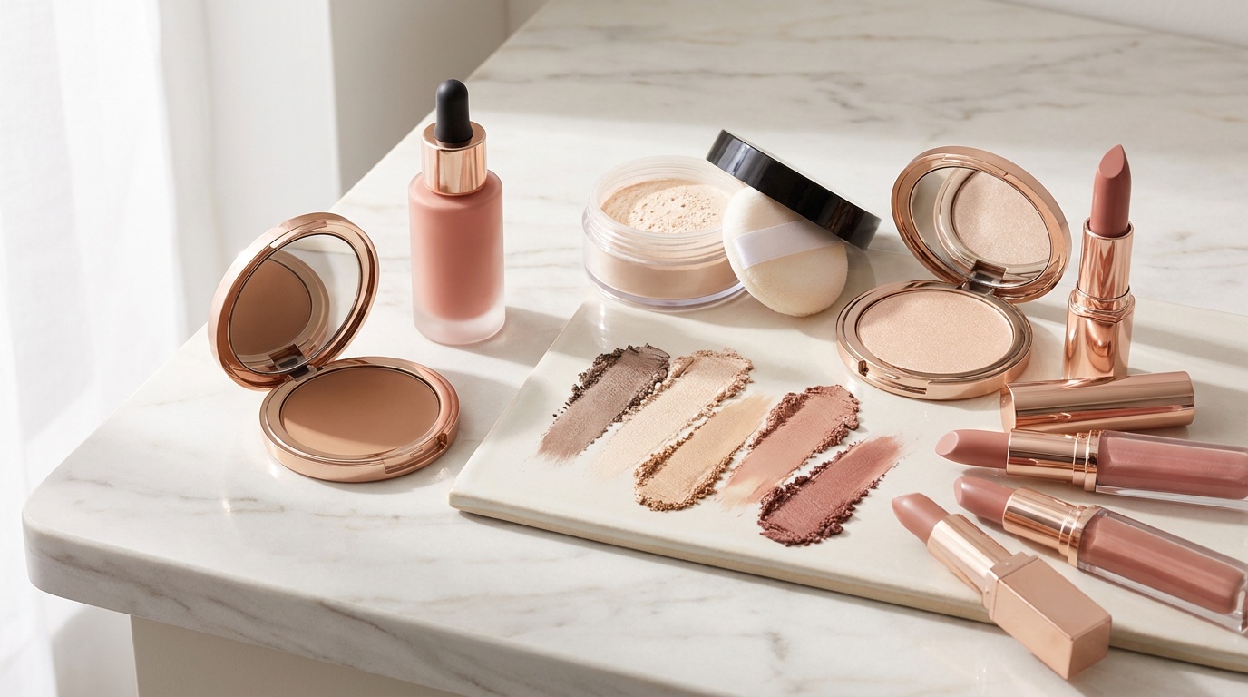 Flatlay of soft glam makeup products and neutral shade swatches