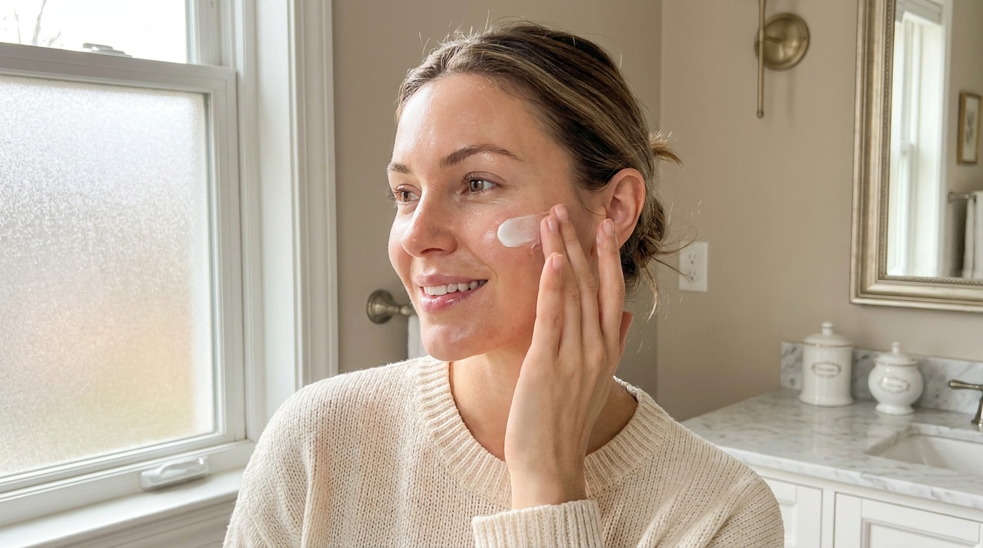 Beautiful woman applying rich face cream in a bright bathroom