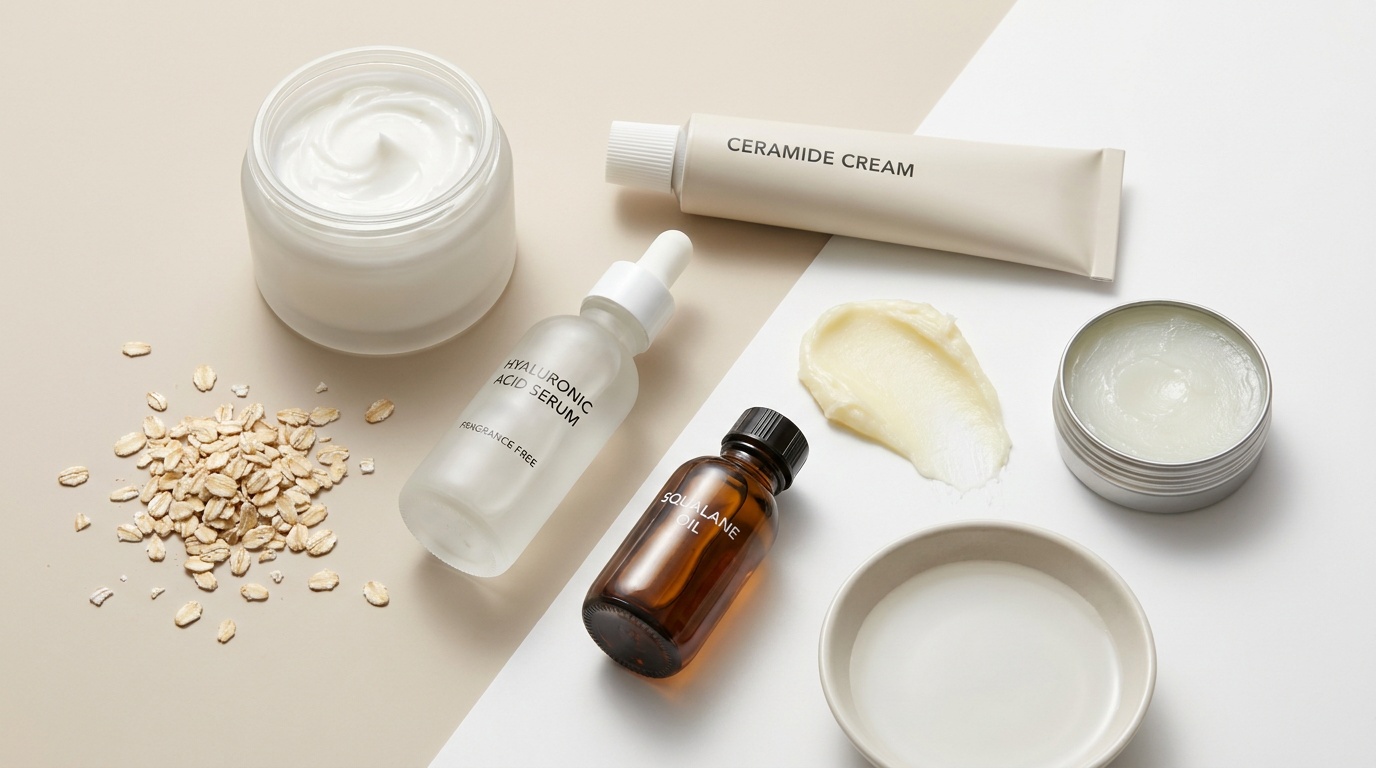 Flatlay of winter skincare products and moisturizing ingredients