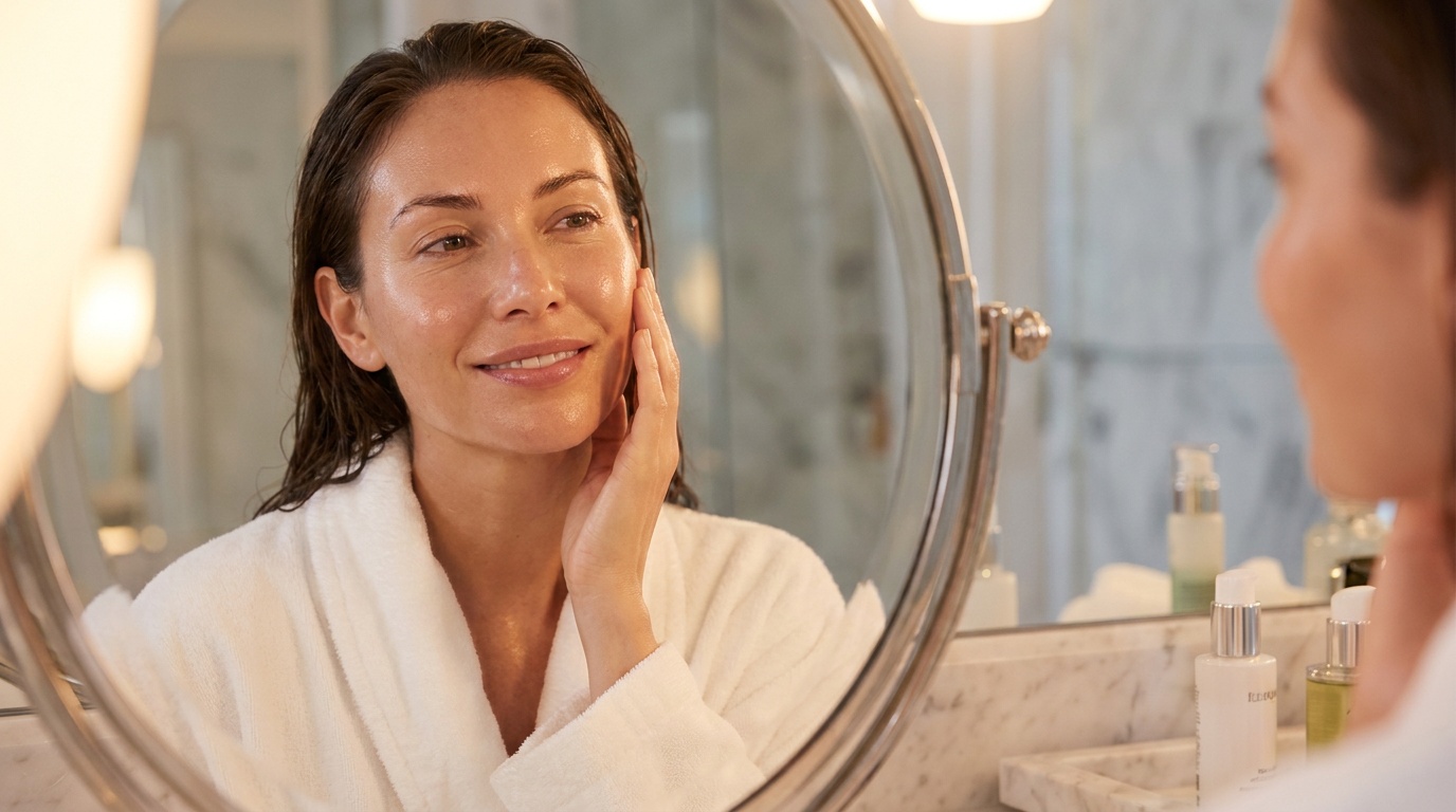 Beautiful woman looking at her hydrated skin in a mirror