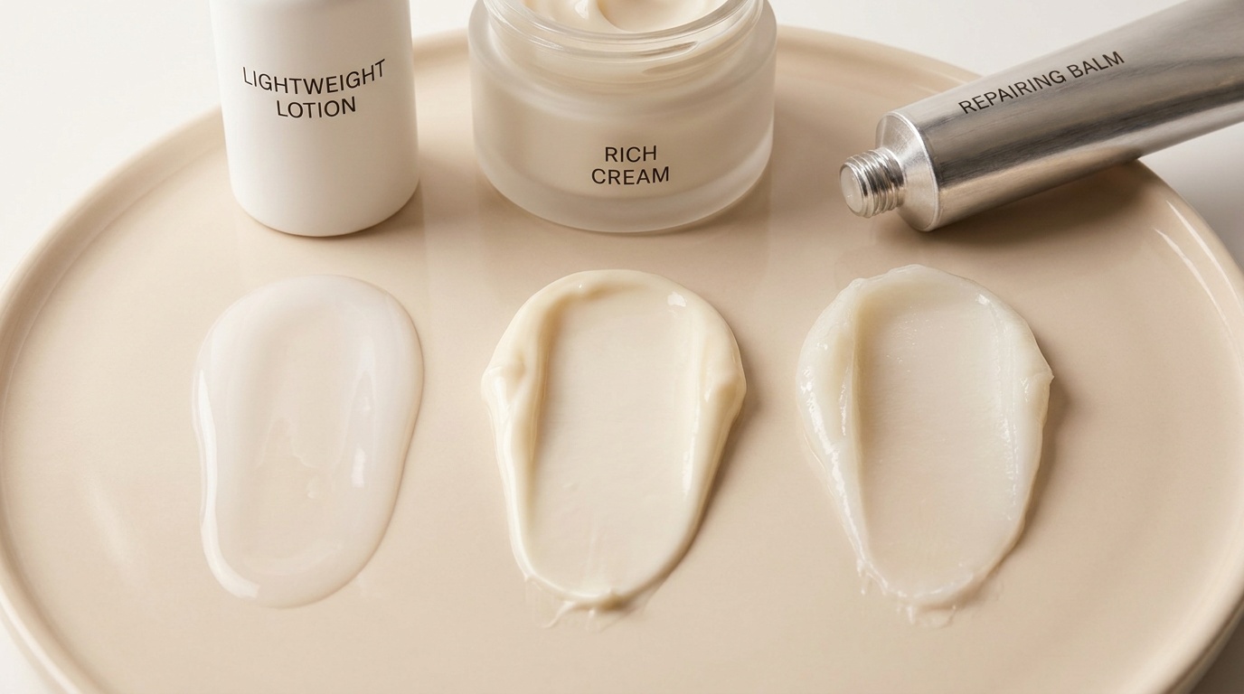 Comparison of lotion, cream, and balm textures for winter skincare