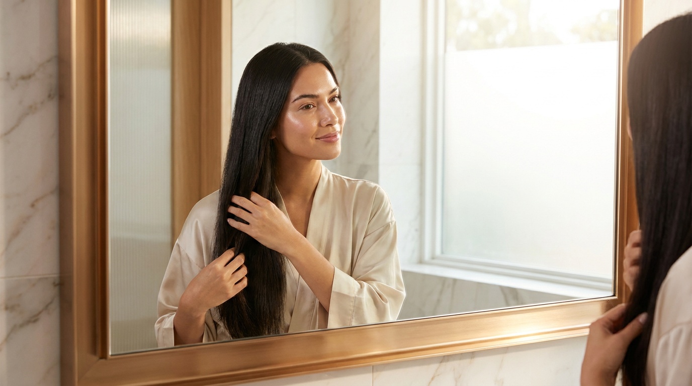 Beautiful woman with glowing skin admiring her long shiny hair in a bathroom mirror