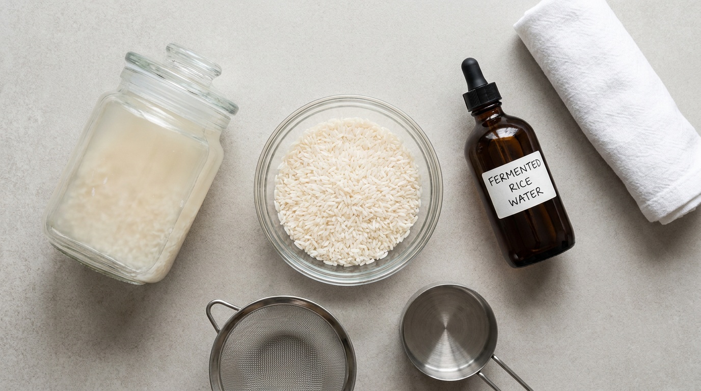 Flatlay of rice, jars of rice water, and tools for making rice water at home