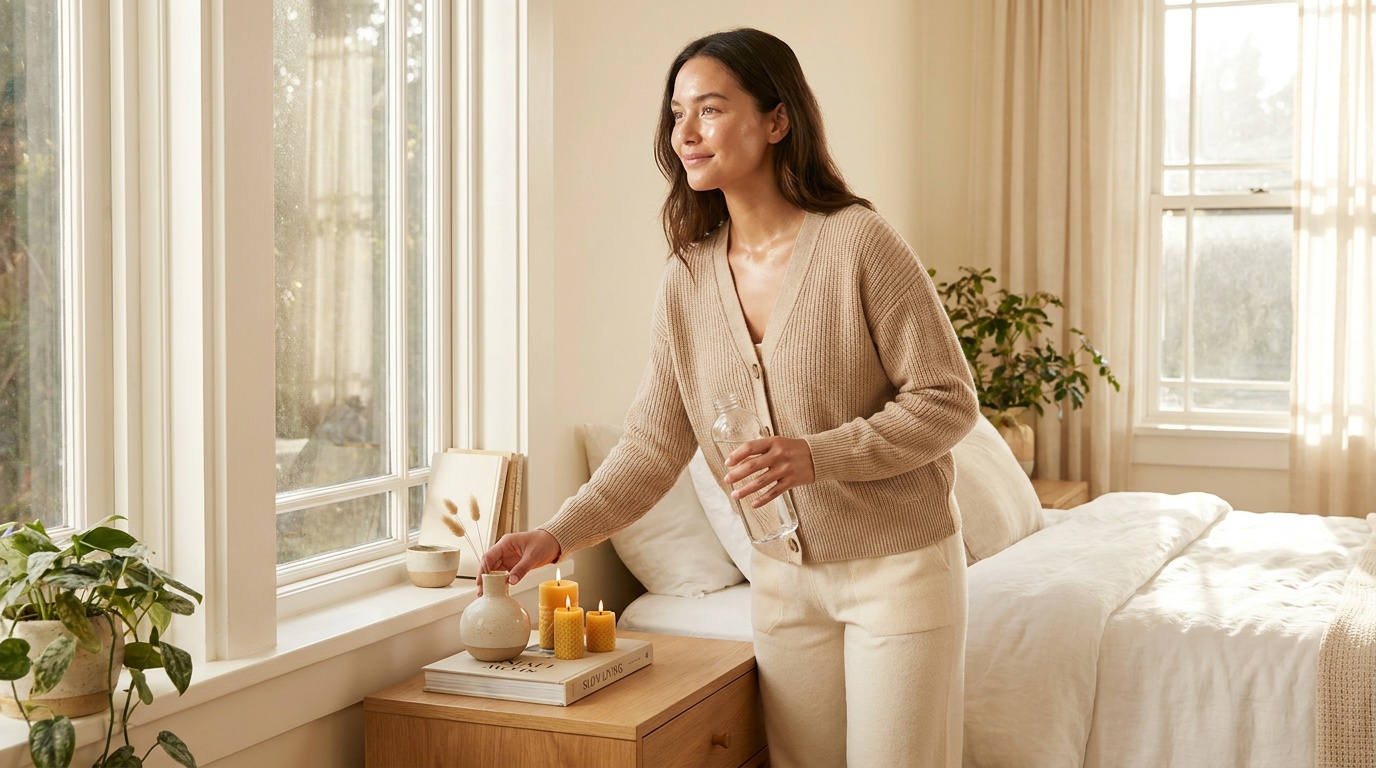 Beautiful woman with glowing skin tidying her nightstand and drinking water during a Sunday reset
