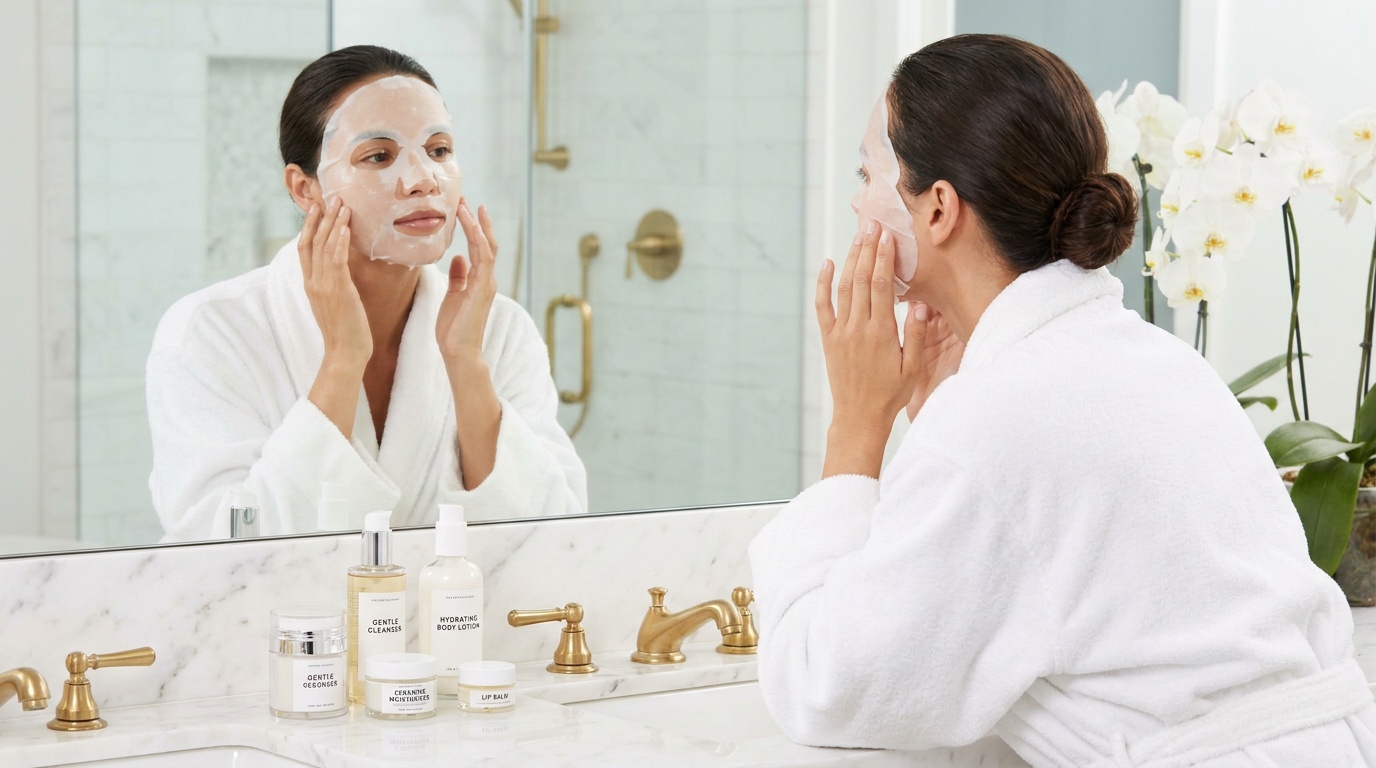 Beautiful woman with glowing skin applying a sheet mask in a bright bathroom