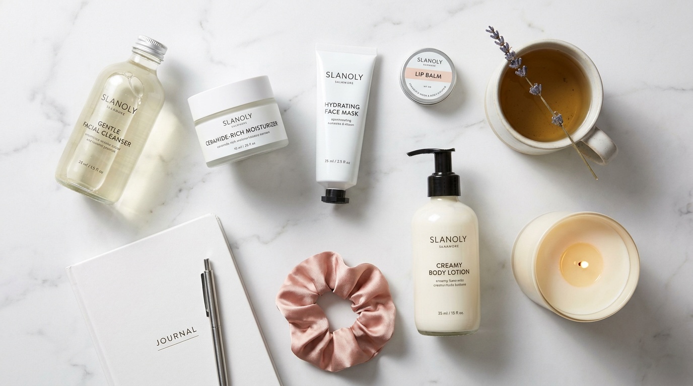 Flatlay of skincare and self care essentials for a Sunday routine