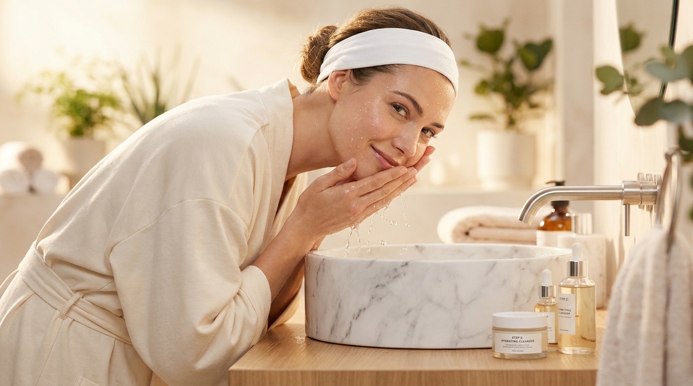 Woman with clear glowing skin rinsing her face during the second cleanse