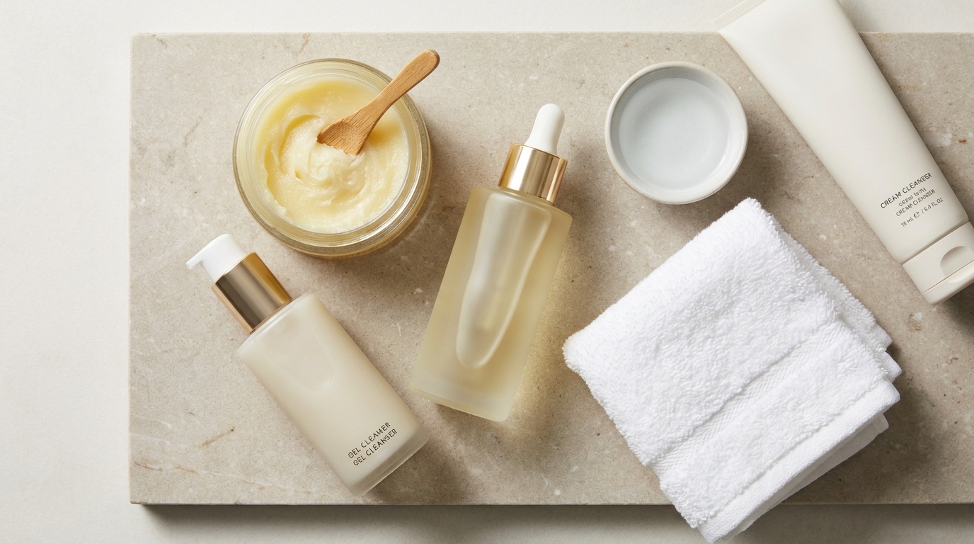 Flatlay of cleansing balm, cleansing oil, gel cleanser, and cream cleanser for double cleansing