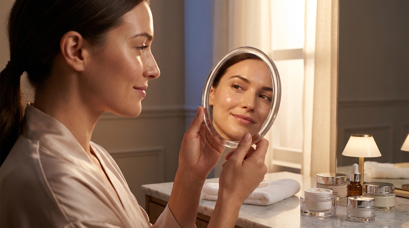 Close-up of a woman with radiant skin looking at herself in a mirror after cleansing
