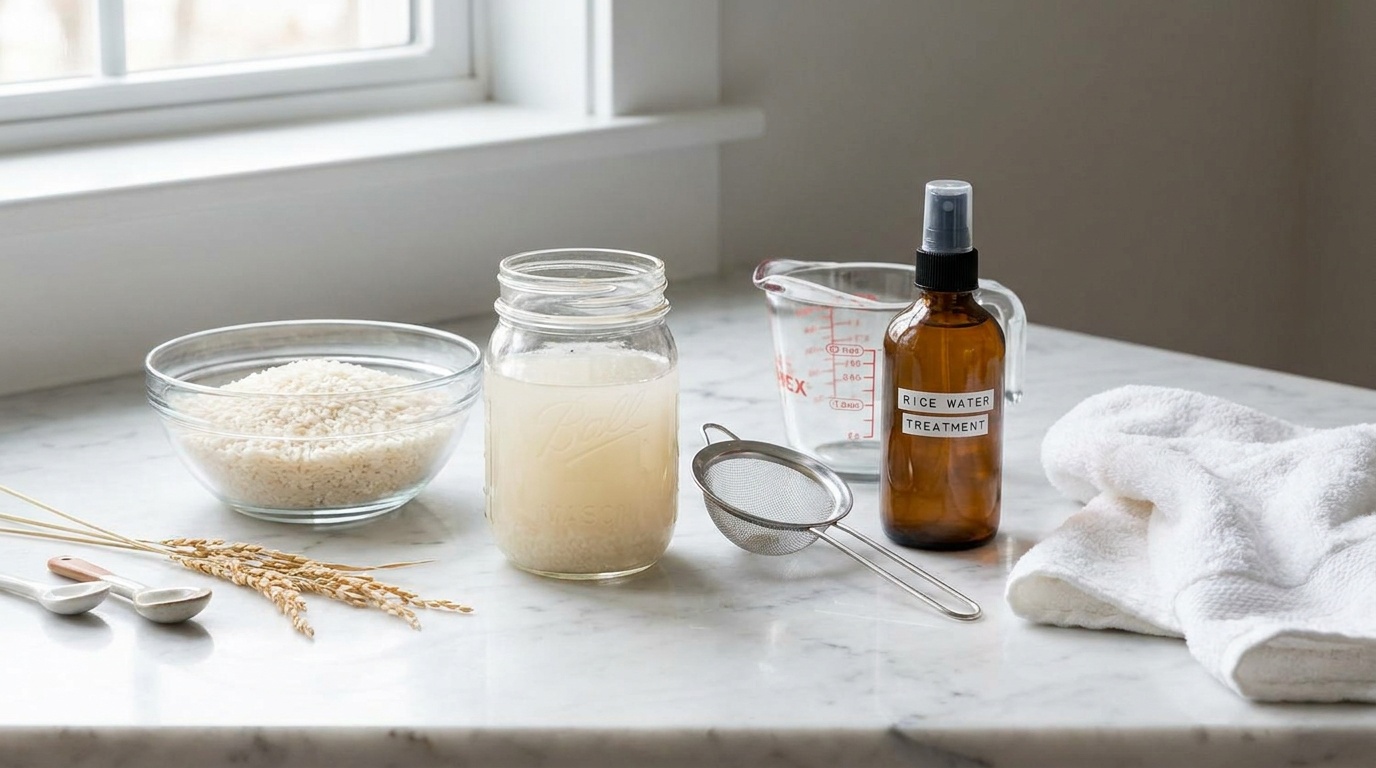 Flatlay of rice, rice water, strainer, and spray bottle for making a DIY hair rinse