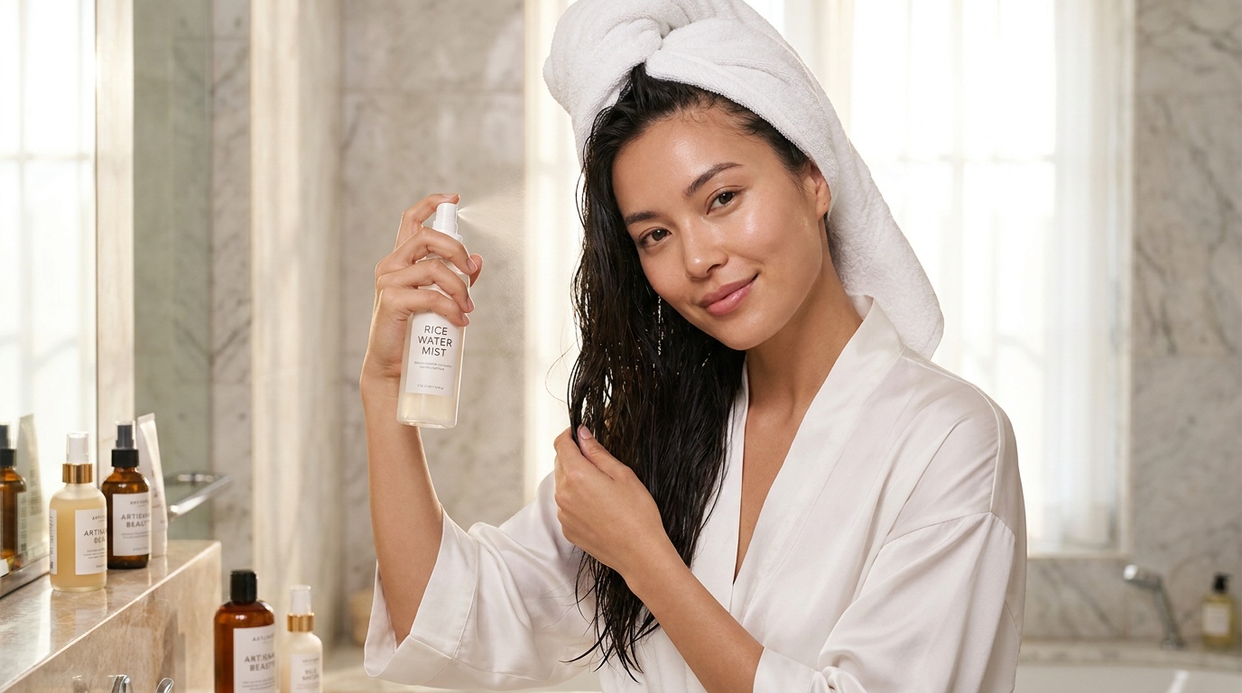 Beautiful woman spraying rice water onto damp hair in a bright bathroom