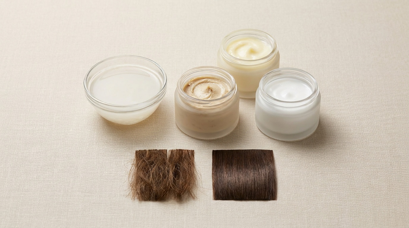 Rice water and moisturizing hair products with a before-and-after hair texture comparison