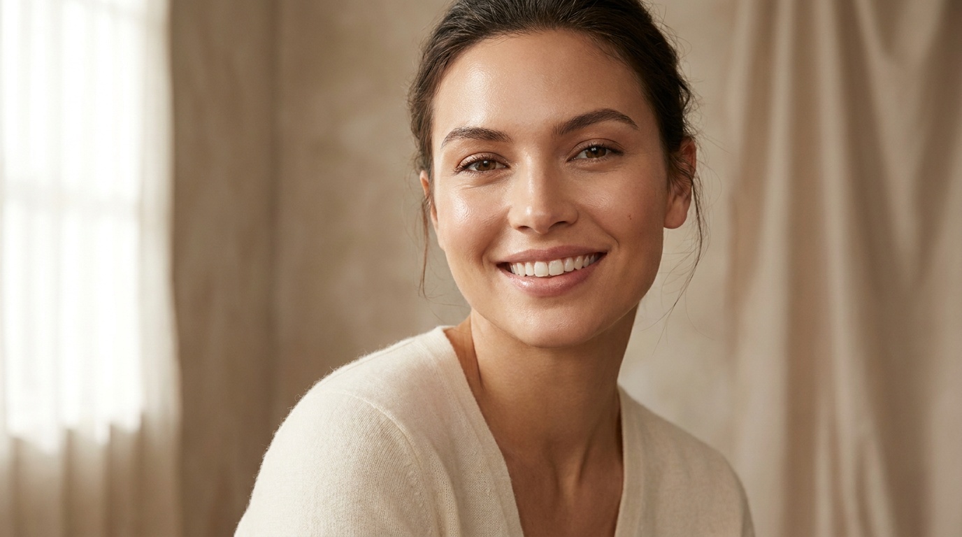 Close-up of a beautiful woman with glowing smooth skin in soft natural light