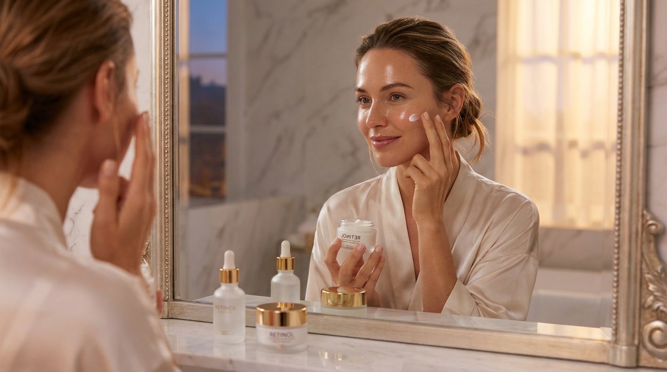 Woman applying a small amount of retinol cream in a bright bathroom