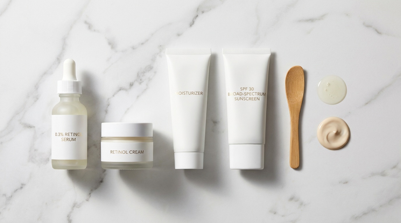Flatlay of beginner retinol products with moisturizer and sunscreen