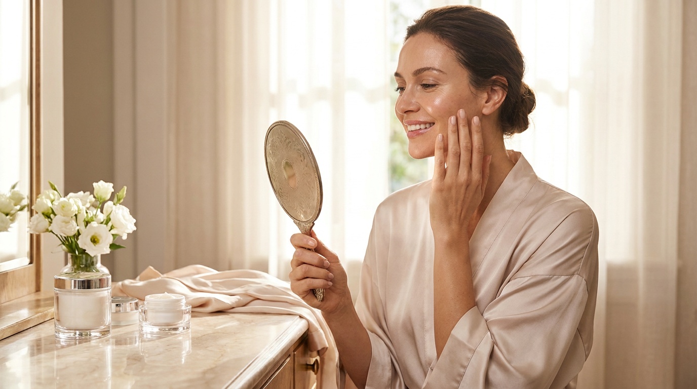 Woman with clear glowing skin looking at herself in a mirror