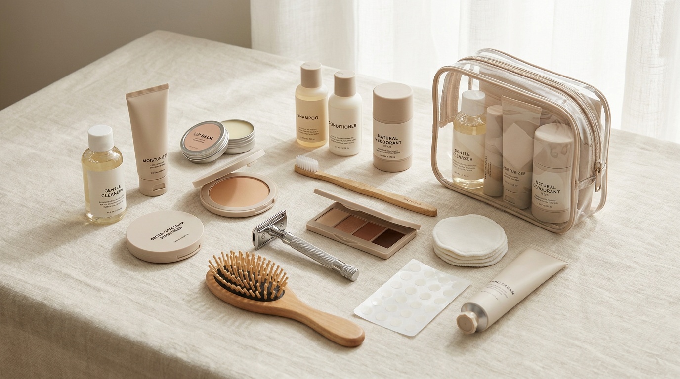 Flatlay of neatly arranged travel-size beauty essentials and a clear TSA bag.