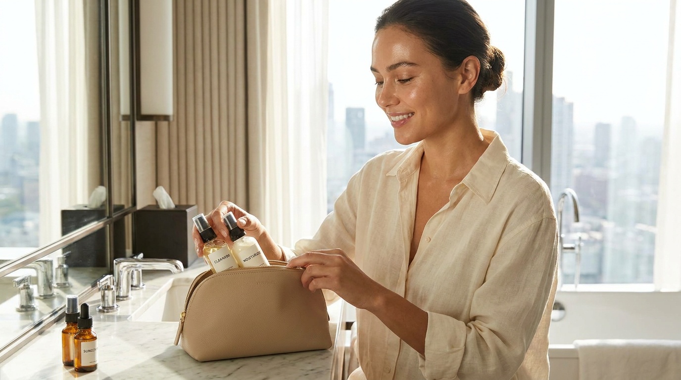 Beautiful woman with glowing skin packing travel-size skincare at a hotel vanity.