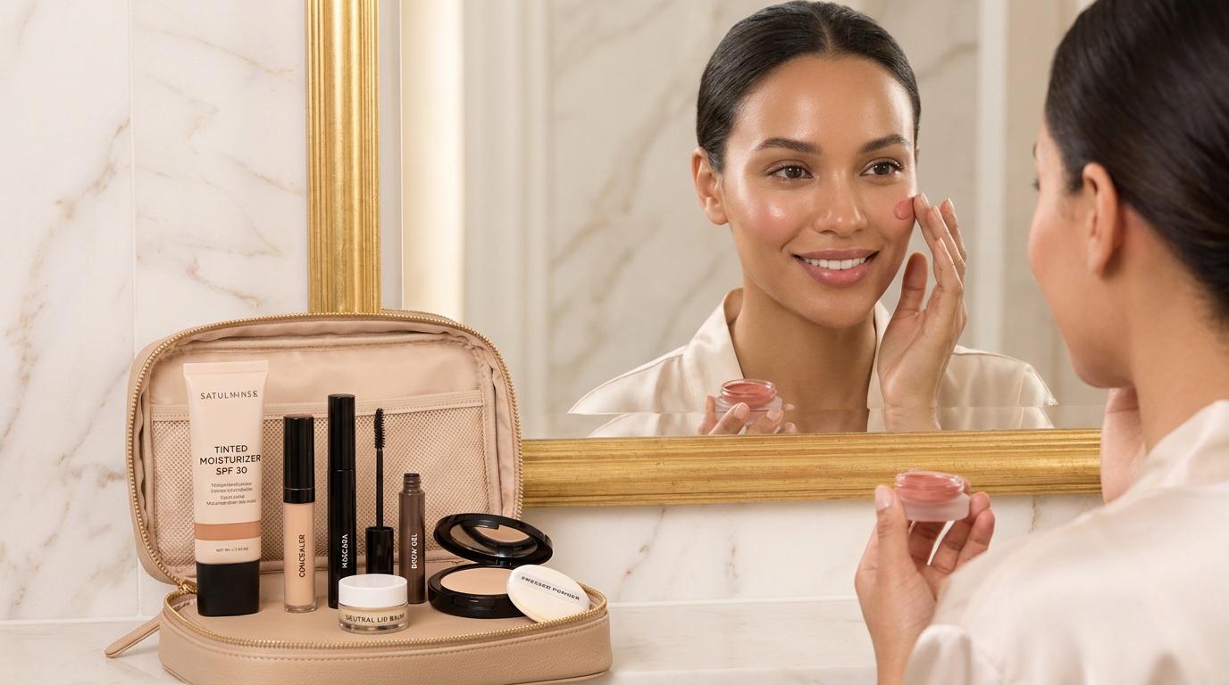 Beautiful woman applying cream blush with a small travel makeup bag on a vanity.