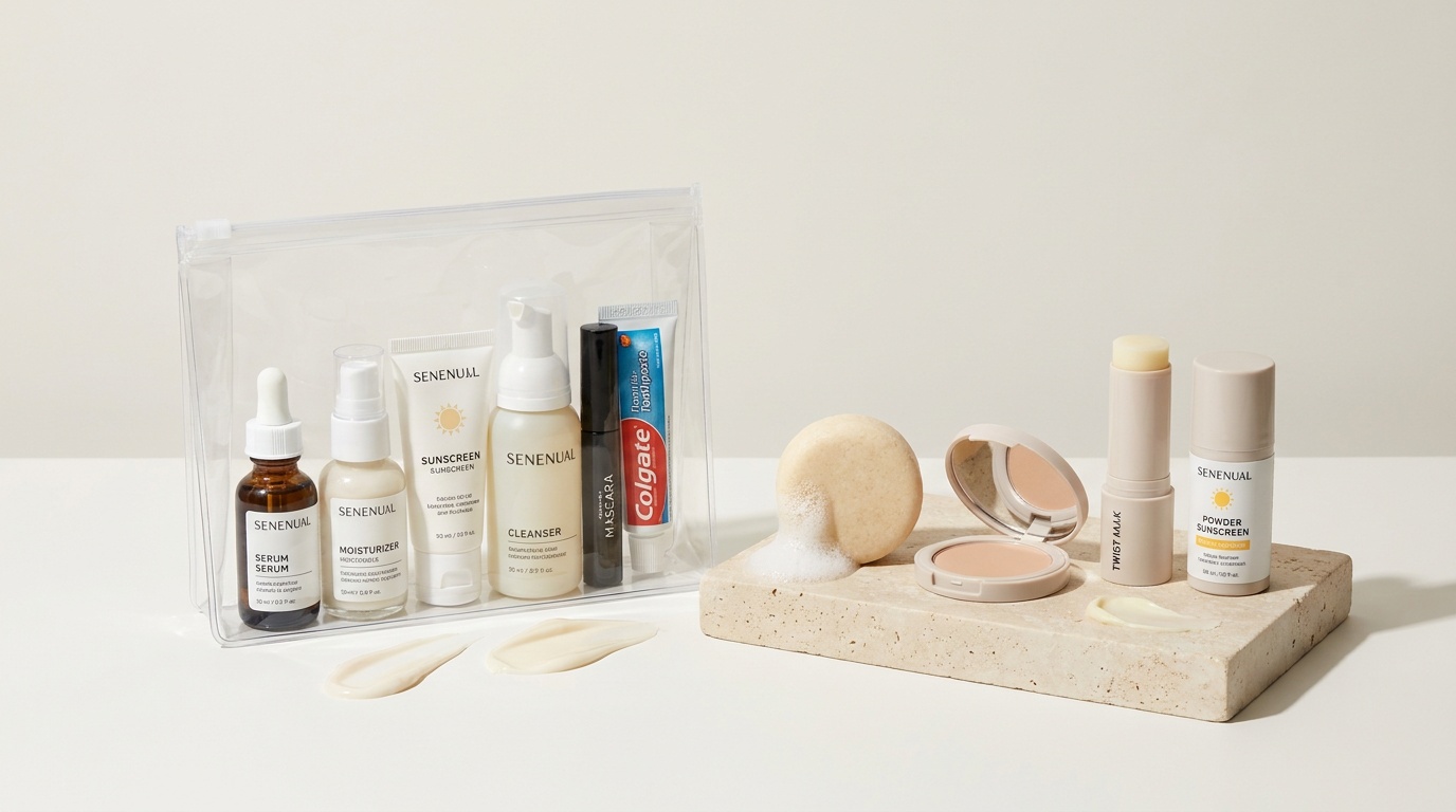 TSA-friendly mini beauty products and solid alternatives arranged with a clear zip bag.