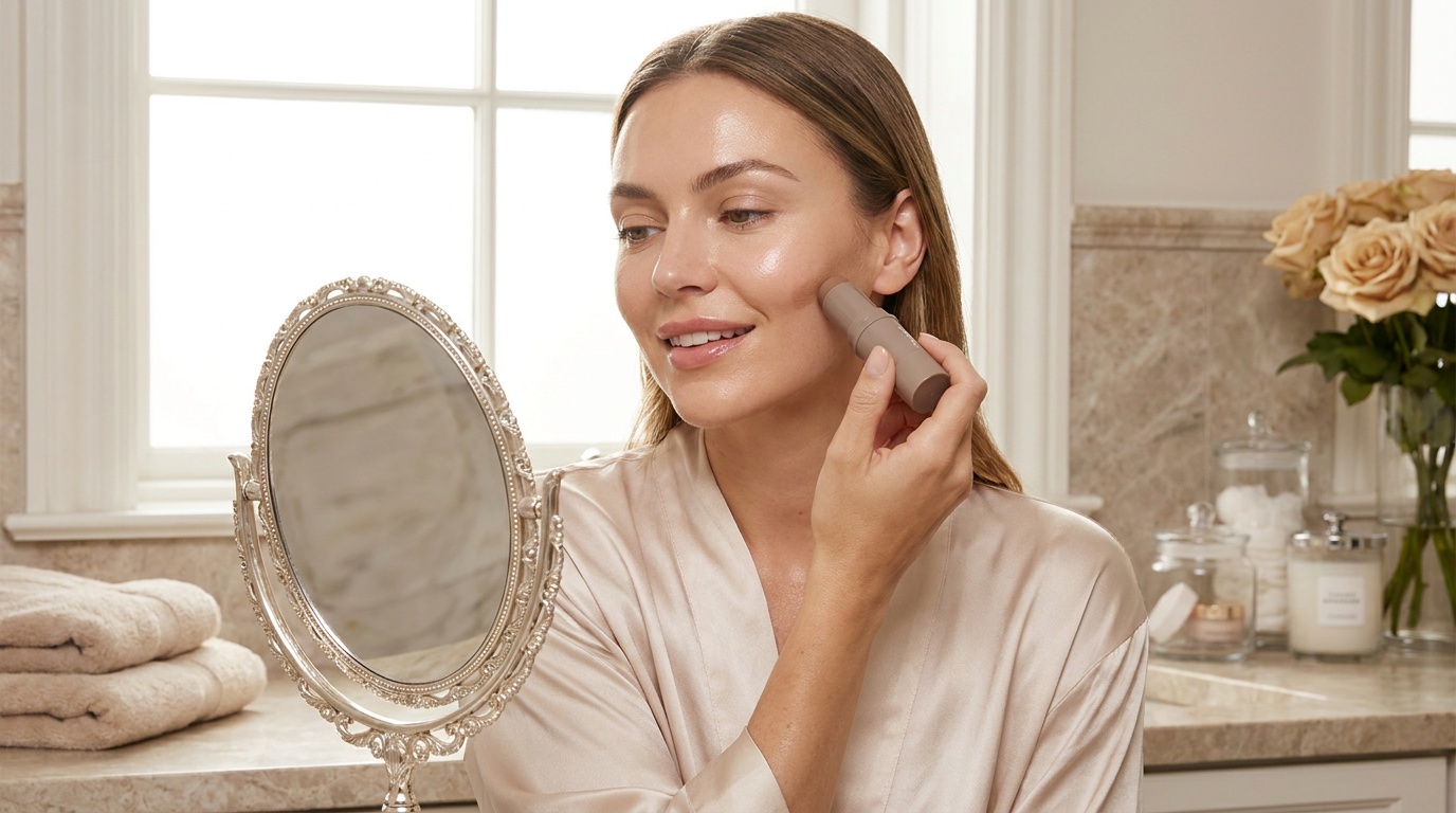 Beautiful woman with glowing skin applying contour stick to cheekbones and temples in front of a mirror
