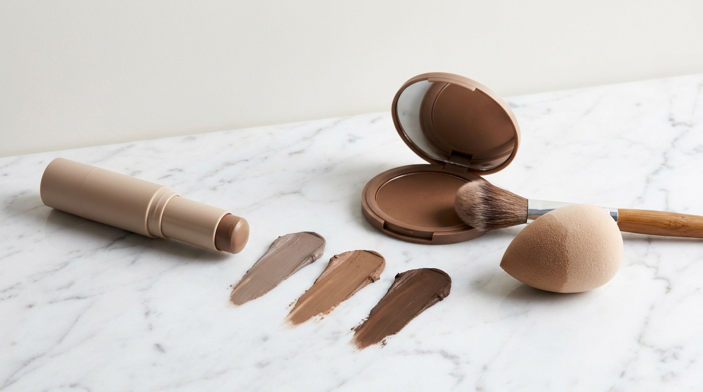 Flatlay of contour products, tools, and shade swatches for different skin tones