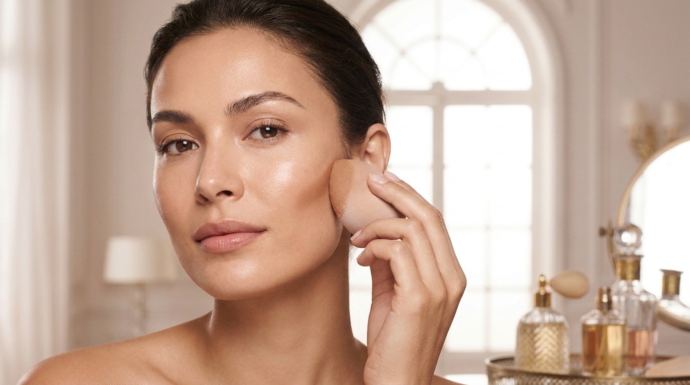 Close-up of a beautiful woman blending cheek contour upward with a makeup sponge