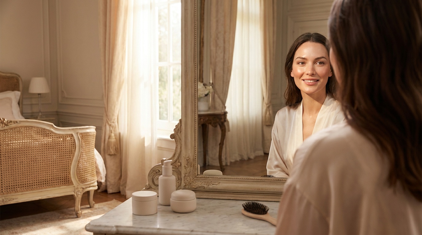 Beautiful woman with soft everyday contour looking at her reflection in a mirror