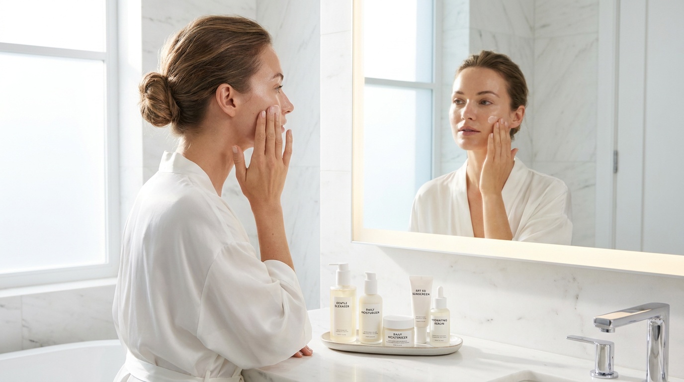 Beautiful woman with glowing skin applying moisturizer in a bright bathroom with a simple skincare routine