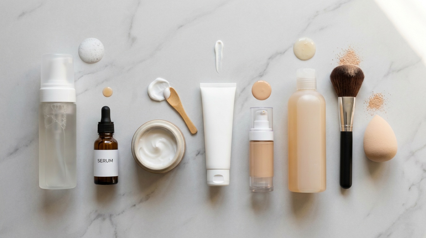 Flatlay of skincare and makeup products with small recommended amounts shown beside each item
