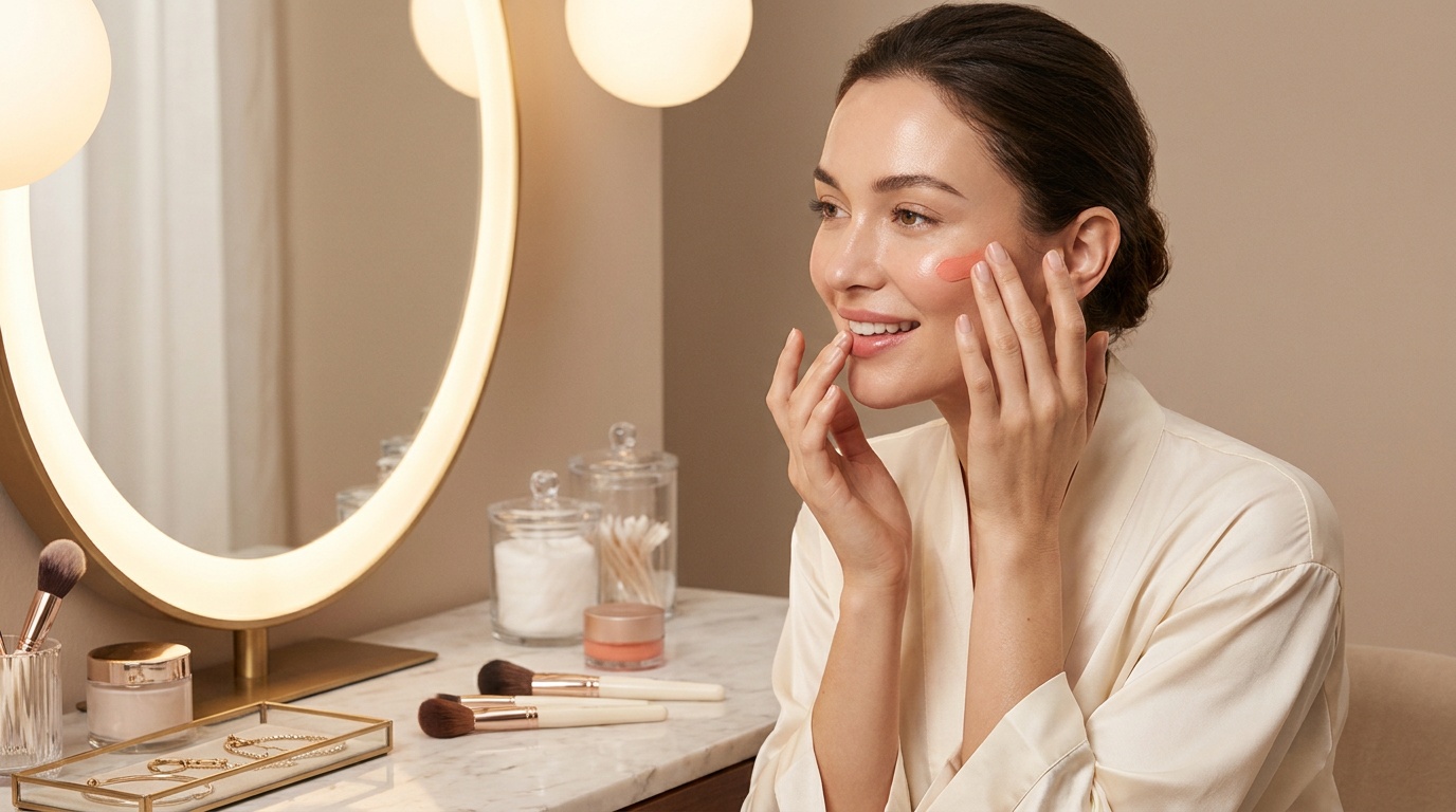 Beautiful woman applying cream blush at a vanity with a fresh natural makeup look