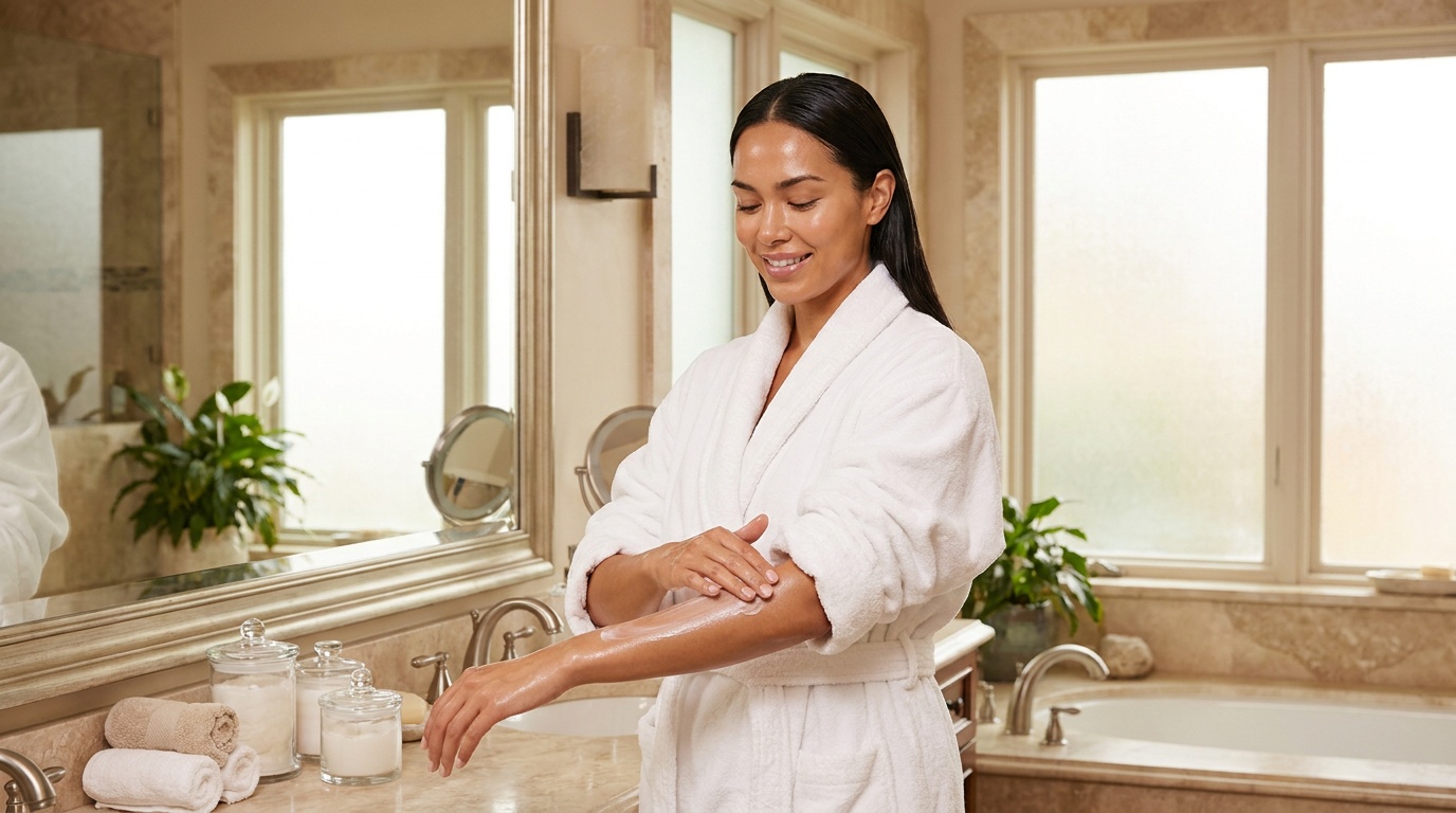 Beautiful woman in a robe applying body lotion in a luxurious bathroom