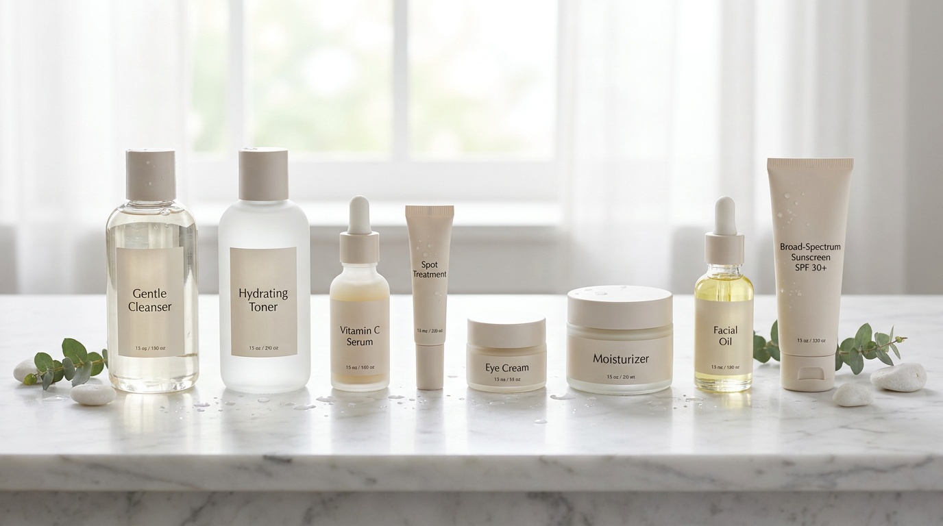 Flatlay of skincare products arranged in the correct order from cleanser to sunscreen