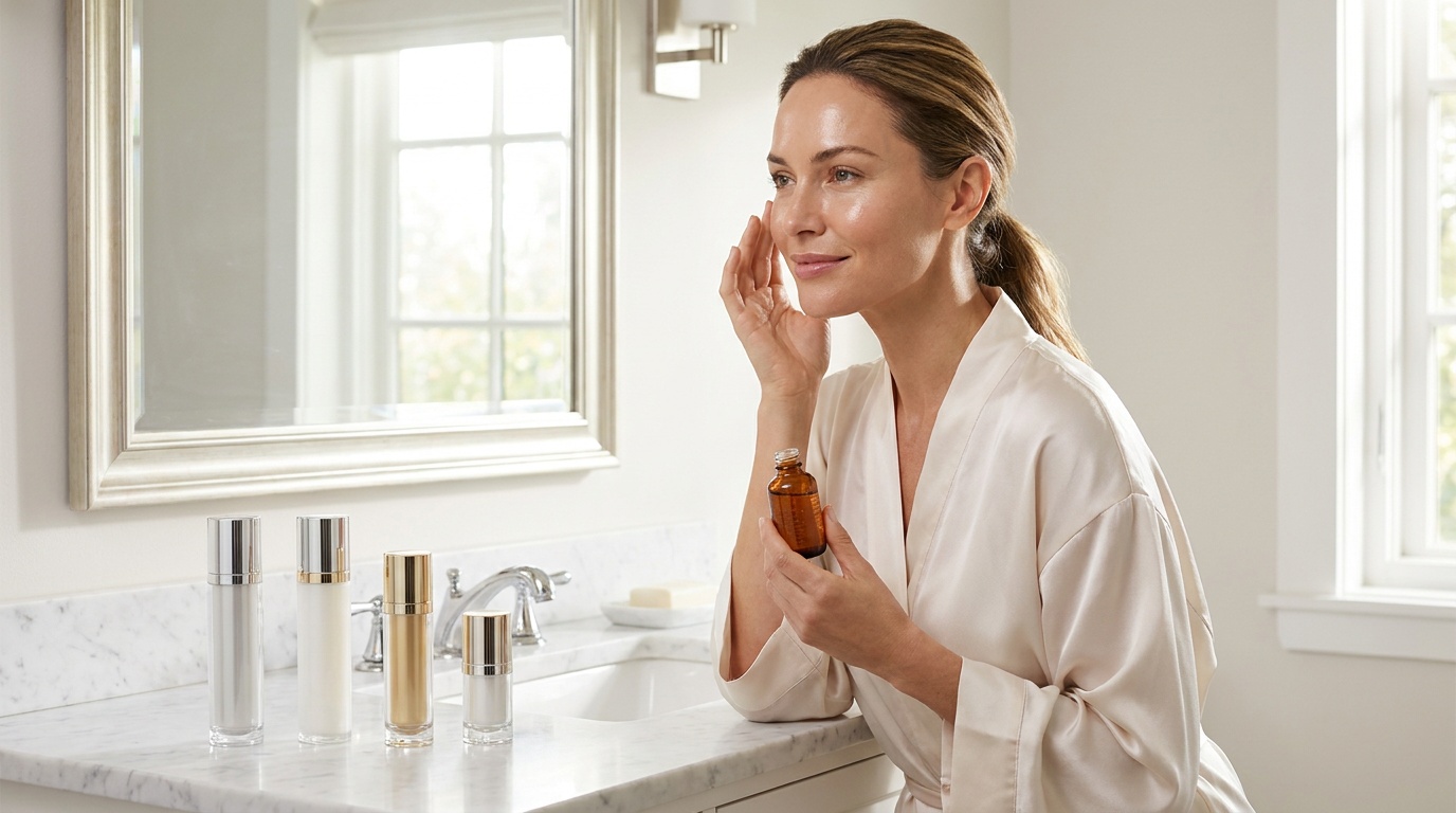 Beautiful woman with glowing skin following a morning skincare routine at a bright bathroom vanity