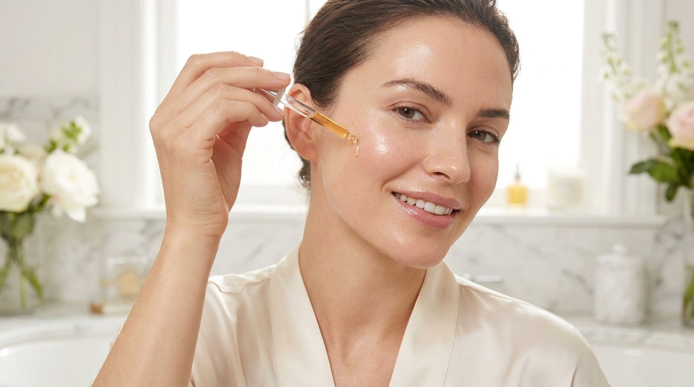 Close-up of a woman applying vitamin C serum to glowing skin